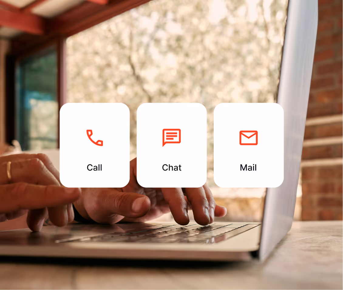 A photo of a person typing on a laptop, and user interface elements showing 3 ways to reach customer support - by calling, chatting, or emailing